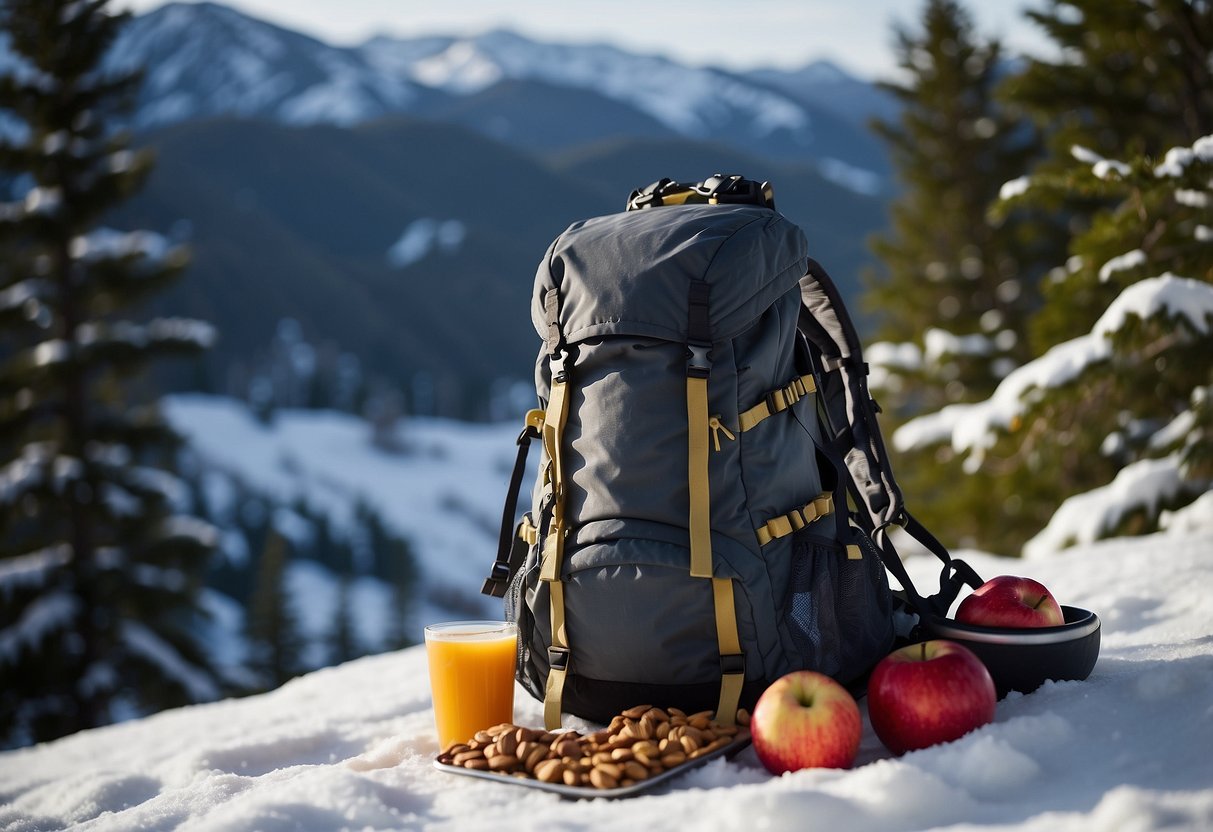 A backpack open on a snowy trail, filled with healthy snacks like nuts and fruit. Snowshoes and poles leaning against a tree, with a beautiful winter landscape in the background