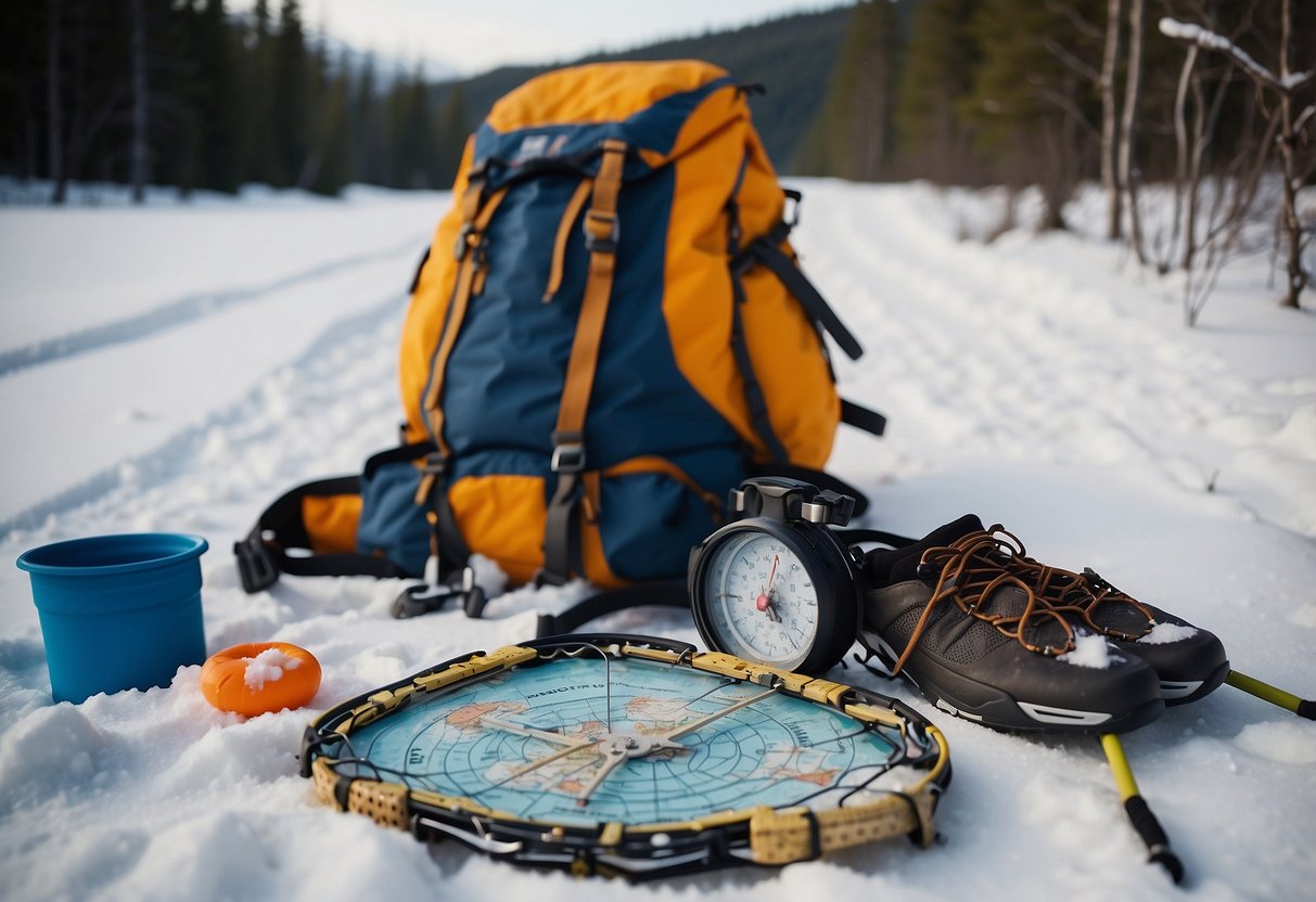 Snowshoes, poles, and warm clothing laid out on a snowy trail. A backpack with water and snacks sits nearby. A map and compass are ready for navigation