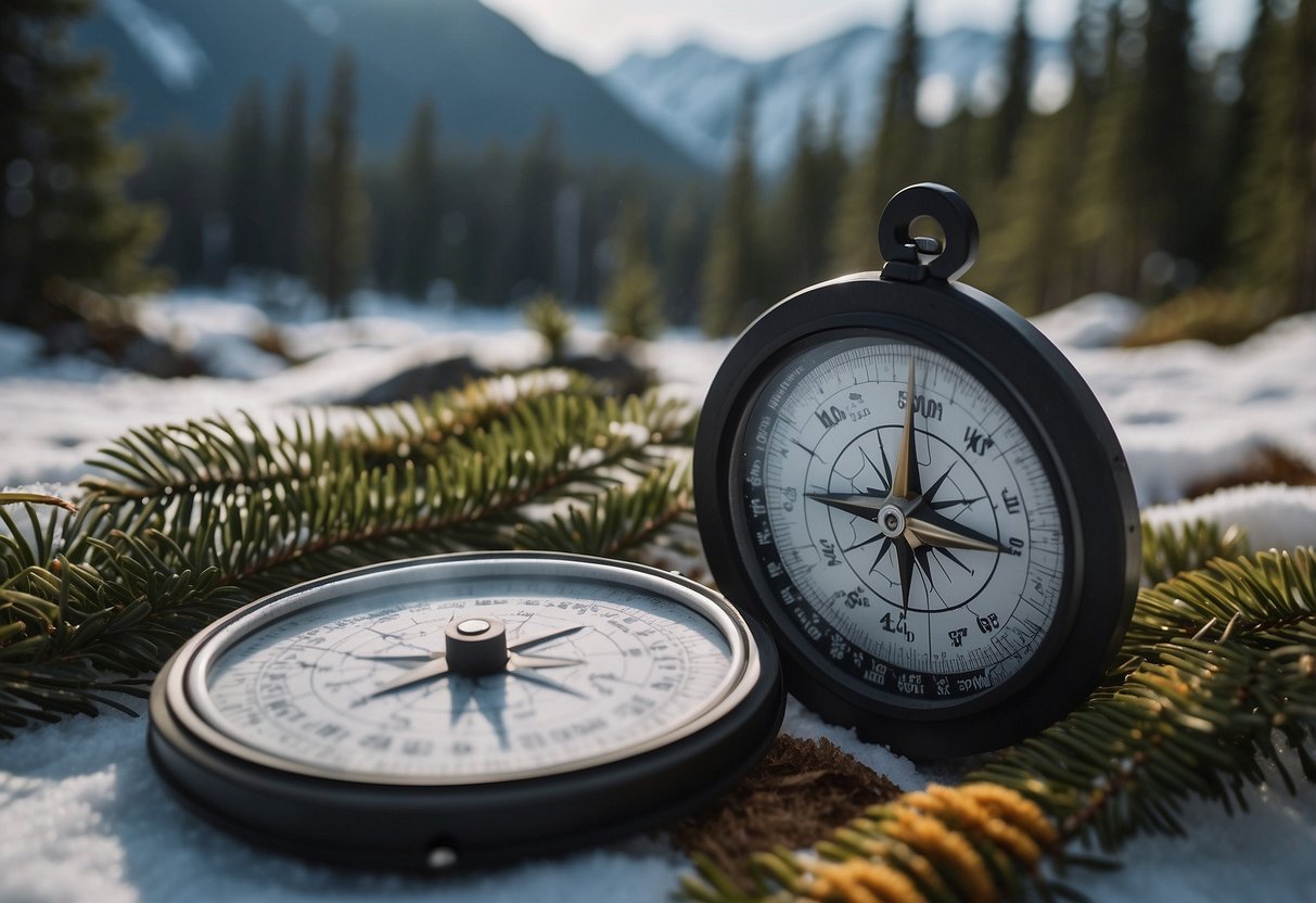 A snowy forest with a winding trail, surrounded by tall pine trees and snow-capped mountains in the distance. A map and compass lay on the ground, with snowshoes propped up nearby