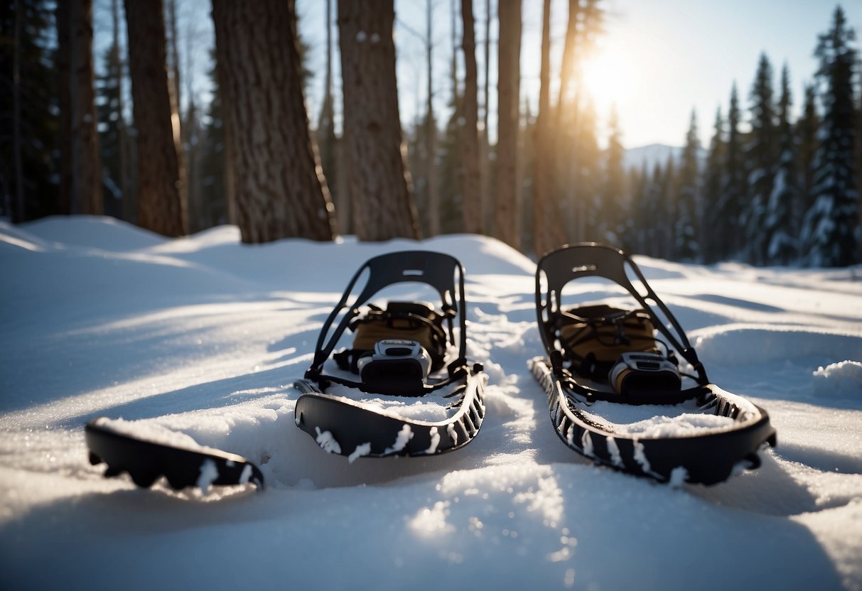 Snowshoes on snowy trail, with 5 different hydration systems displayed nearby. Snow-capped trees in background