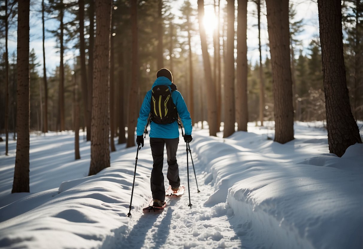 A snow-covered trail with a person's shadow wearing a Nathan VaporHowe Lite 4L Hydration Vest. Snowshoes and trees in the background