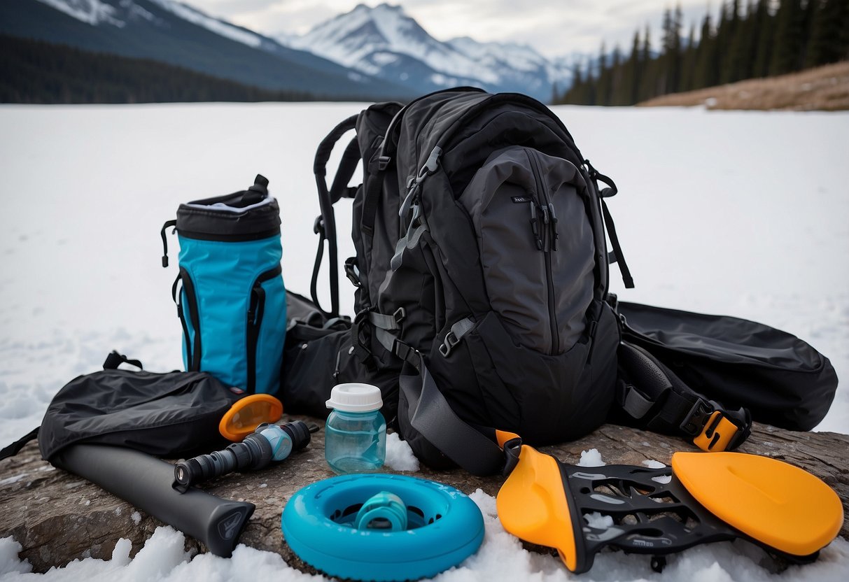 Snowshoeing gear laid out with hydration systems, snow-covered landscape in the background