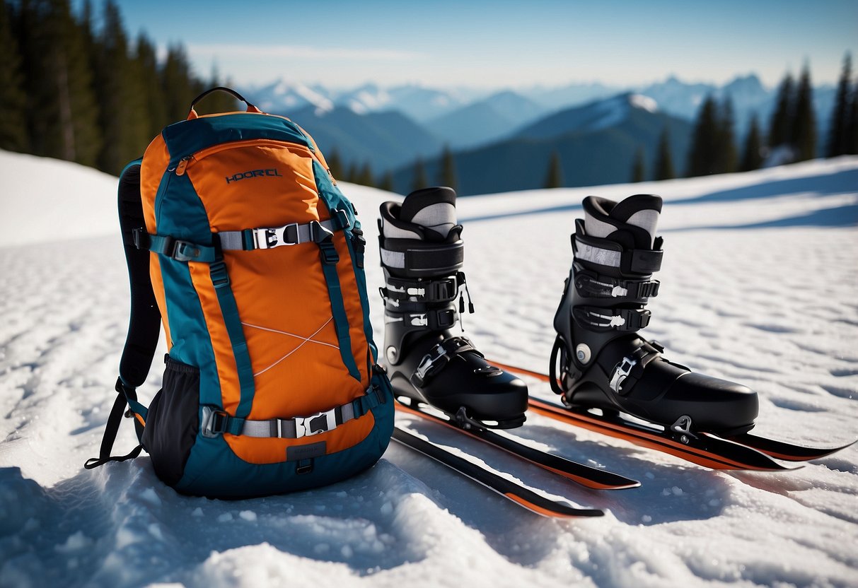 A snowy landscape with ski poles, boots, skis, goggles, helmet, gloves, and a backpack laid out in a neat row