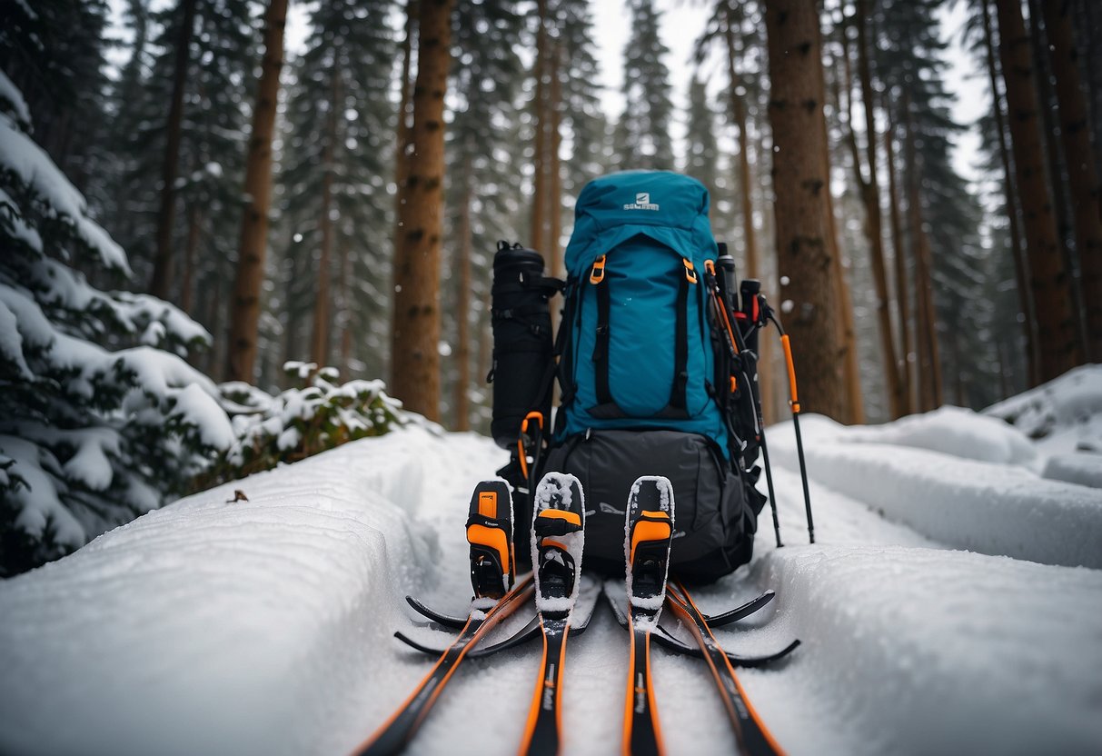 A snowy forest trail with a pair of Salomon Escape 5 Grip cross country skis and other essential gear items scattered around, such as boots, poles, and a backpack