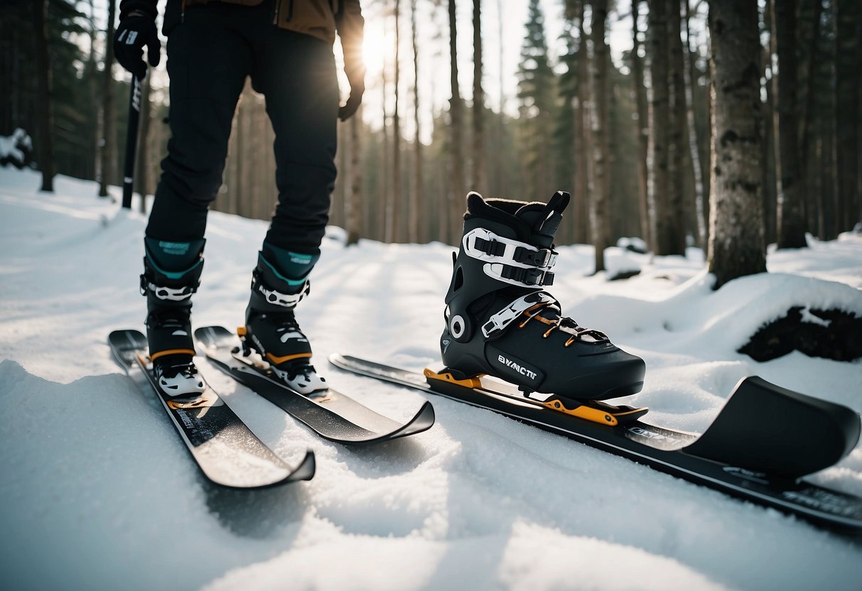 A snowy forest trail with a pair of Atomic Pro C2 Skintec skis, poles, boots, and other essential gear laid out on the ground