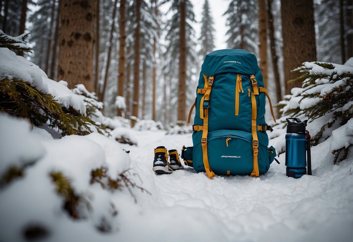 A snowy forest trail with ski tracks, a backpack with gear, ski poles, boots, gloves, a map, water bottle, and a pair of Fischer XC Control MyStyle 10 skis