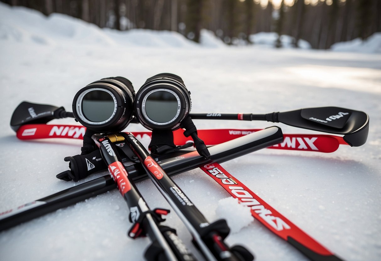 A pair of Swix Star XC 100 poles laid out next to essential gear items for beginner cross country skiers