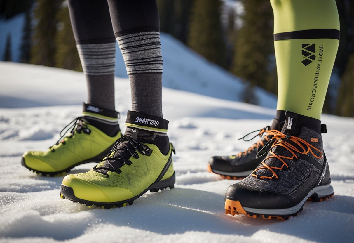 A pair of SmartWool PhD Nordic Light socks laid out next to essential gear for beginner cross country skiers