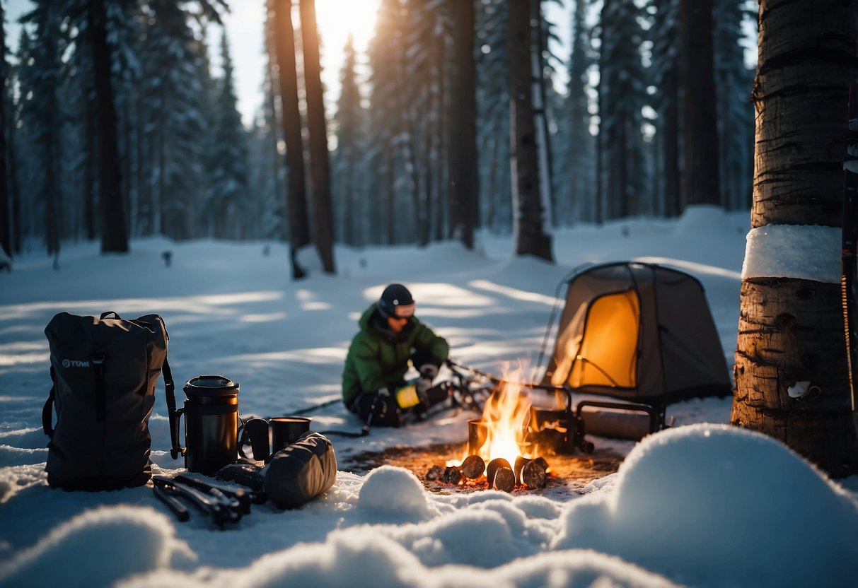 A snowy forest clearing with skis, poles, and other gear laid out. A small stove heats a pot of Toko HF Hot Wax while a beginner skier adjusts their bindings nearby