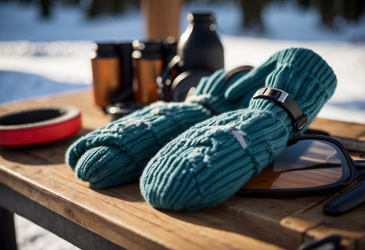 A pair of Yoko YXG warm mittens sits on a wooden bench next to a set of cross country skis and other essential gear items