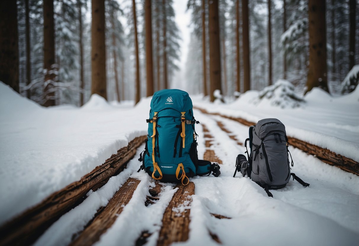 A snowy forest clearing with ski tracks leading into the distance. A backpack, ski boots, poles, and other gear are scattered around