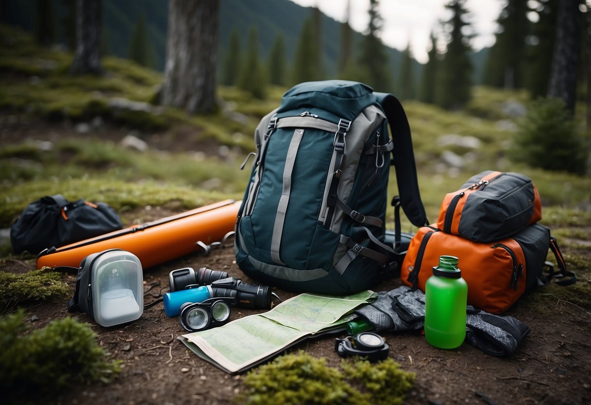 A backpack open on the ground, with a water bottle, map, and first aid kit spilling out. Skis and poles leaning against a tree, with a pair of gloves and a headlamp nearby