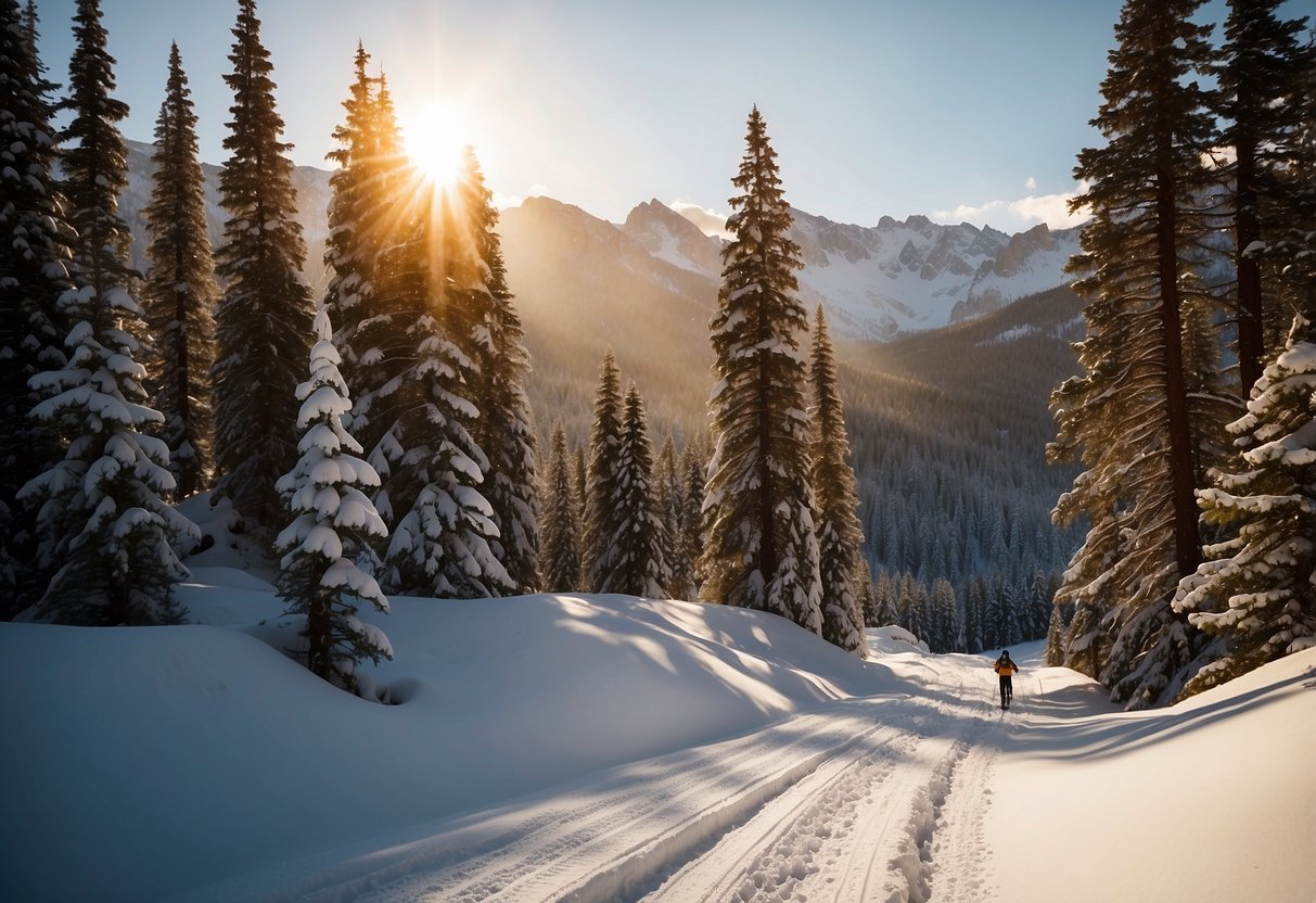 Snow-covered trails wind through national parks, surrounded by towering trees and majestic mountain peaks. Skiers glide across the pristine landscape, with the sun casting a warm glow over the winter wonderland