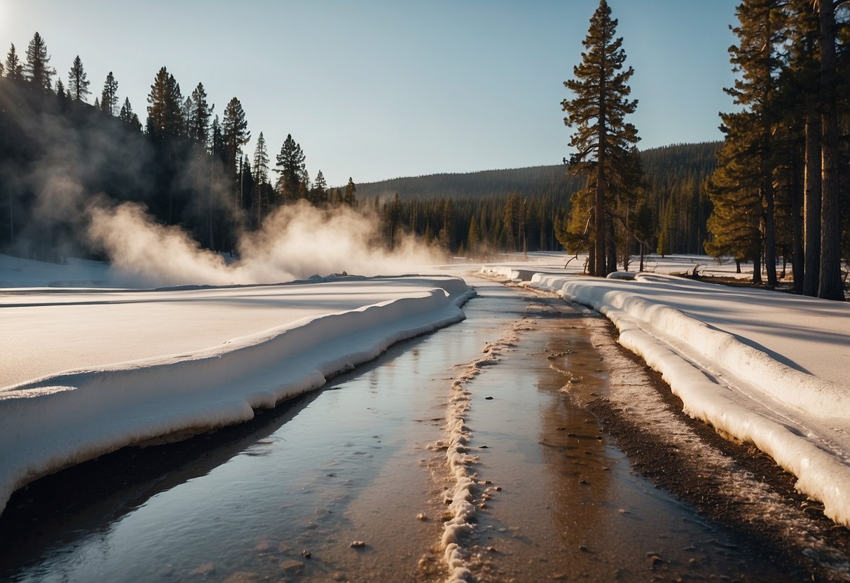 A snowy trail winds from Old Faithful to Mallard Lake in Yellowstone. Trees line the path, and steam rises from the geysers