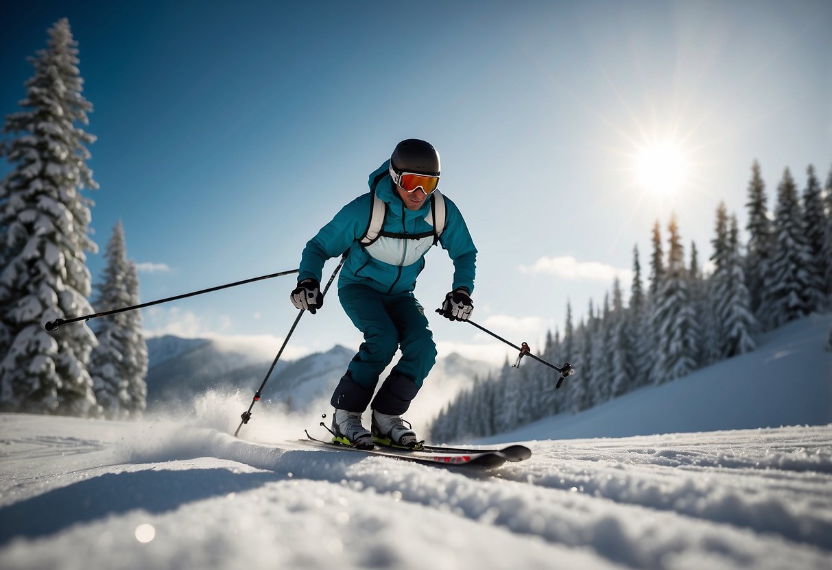 A skier glides smoothly across a snowy landscape, poles planted firmly as they maintain a steady rhythm. Their body remains upright and balanced, with skis parallel and pointed forward