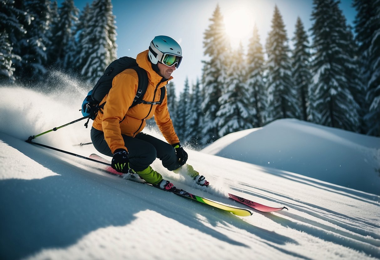 A skier performing core exercises, surrounded by ski equipment and nature, with a focus on technique improvement