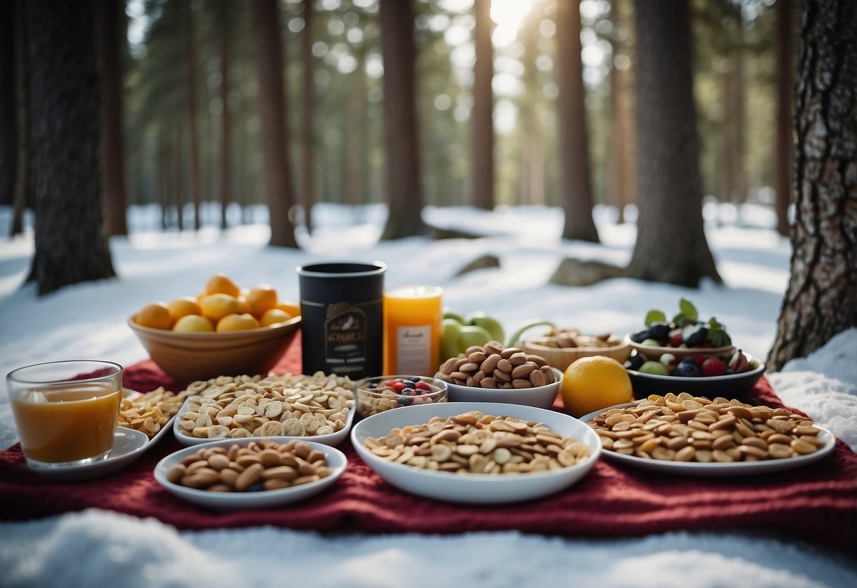 A snowy forest clearing with a picnic blanket laid out, surrounded by pine trees. On the blanket are various snacks like trail mix, granola bars, and fruit, all arranged neatly for a cross country skiing trip