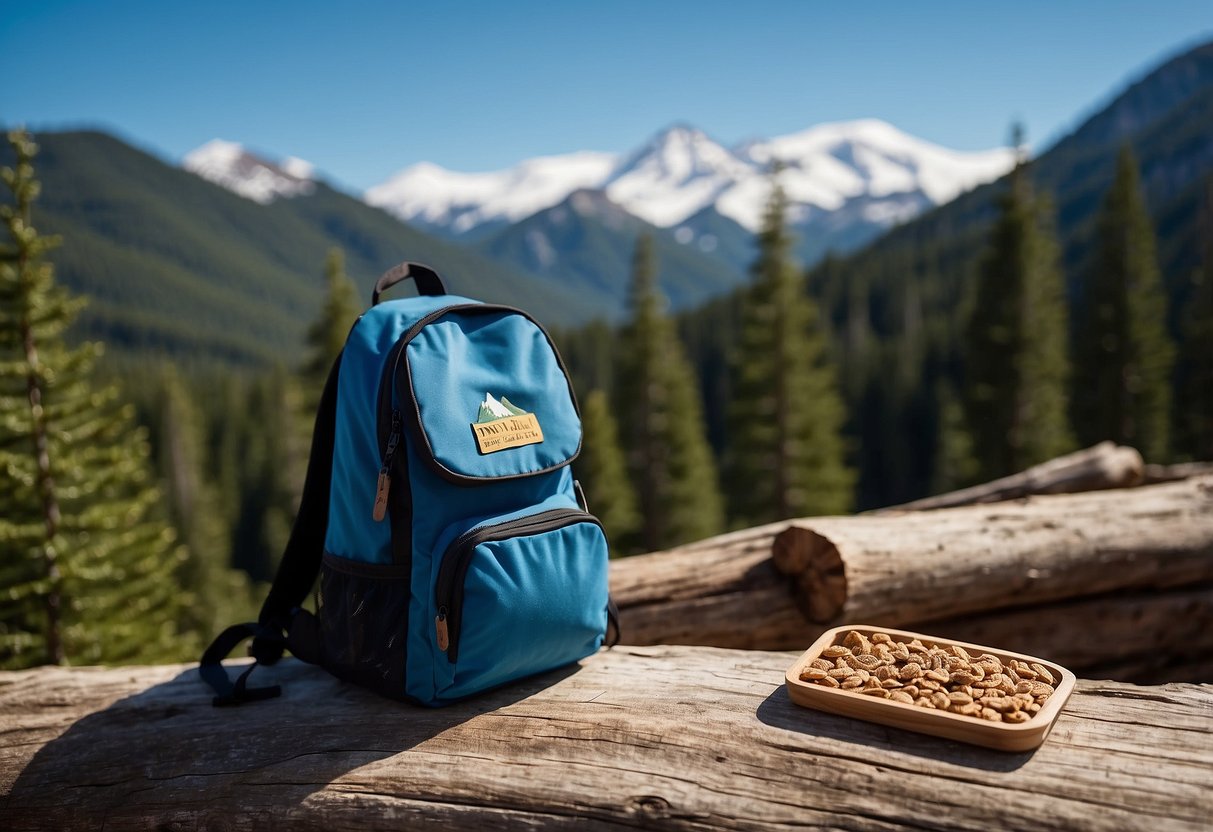 A snowy mountain landscape with a winding trail, pine trees, and a clear blue sky. A backpack with Nature Valley Granola Bars sits on a log