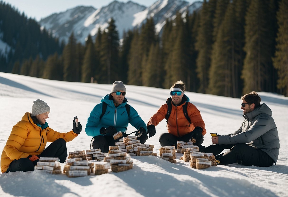 A snowy mountain landscape with a group of skiers enjoying a break, surrounded by trees, and holding Kind Protein Bars