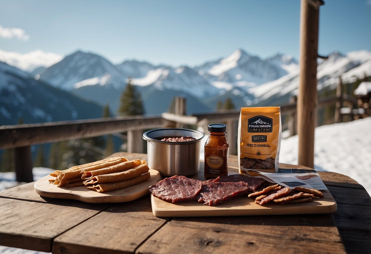 A snowy mountain landscape with a cozy cabin in the background. A pair of cross country skis propped up against a wooden railing, with a bag of Tillamook Country Smoker Beef Jerky and other snacks laid out on a picnic table