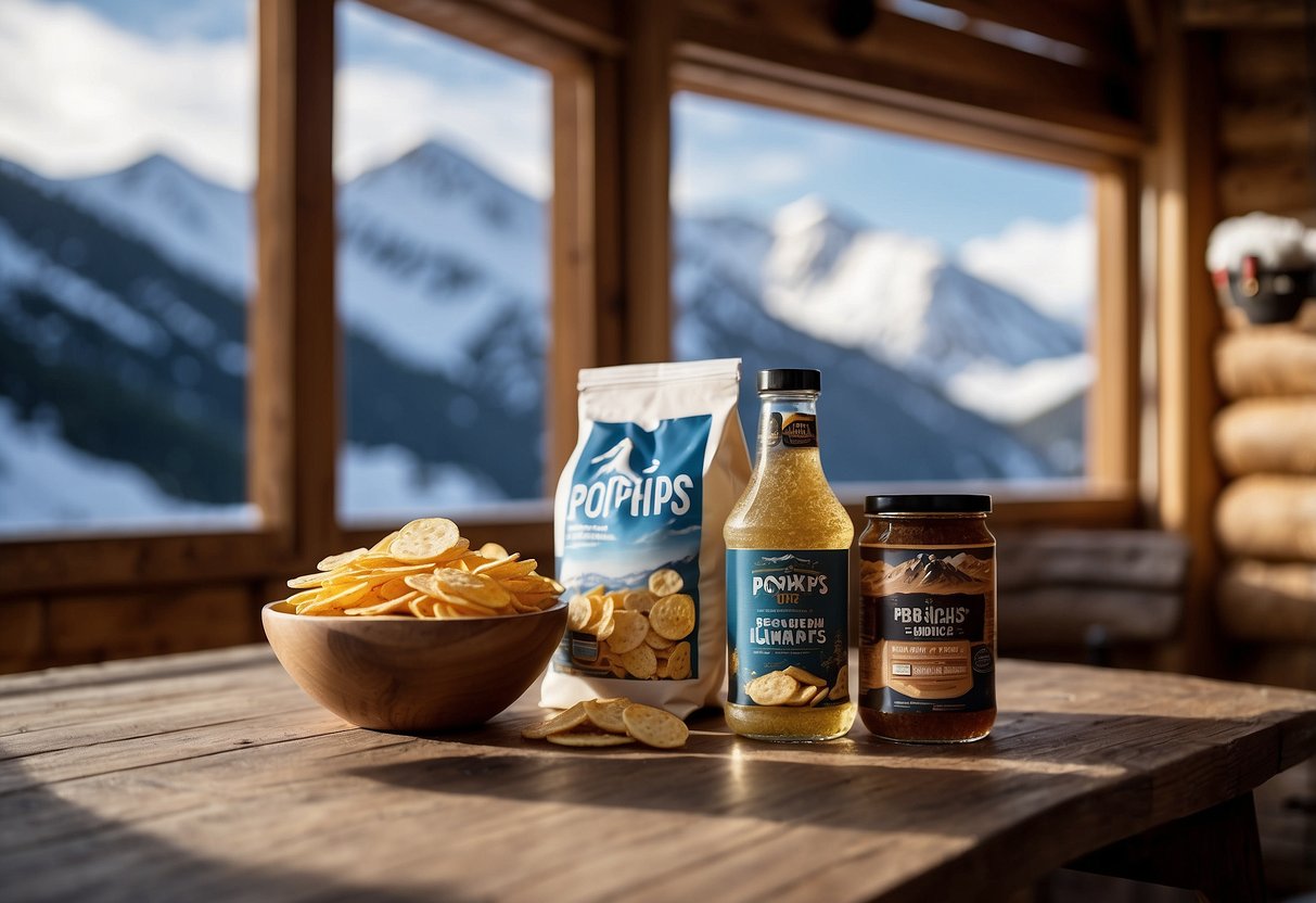 A snowy mountain landscape with a cozy cabin, a pair of cross country skis leaning against the wall, and a bag of Popchips Sea Salt Potato Chips sitting on a table