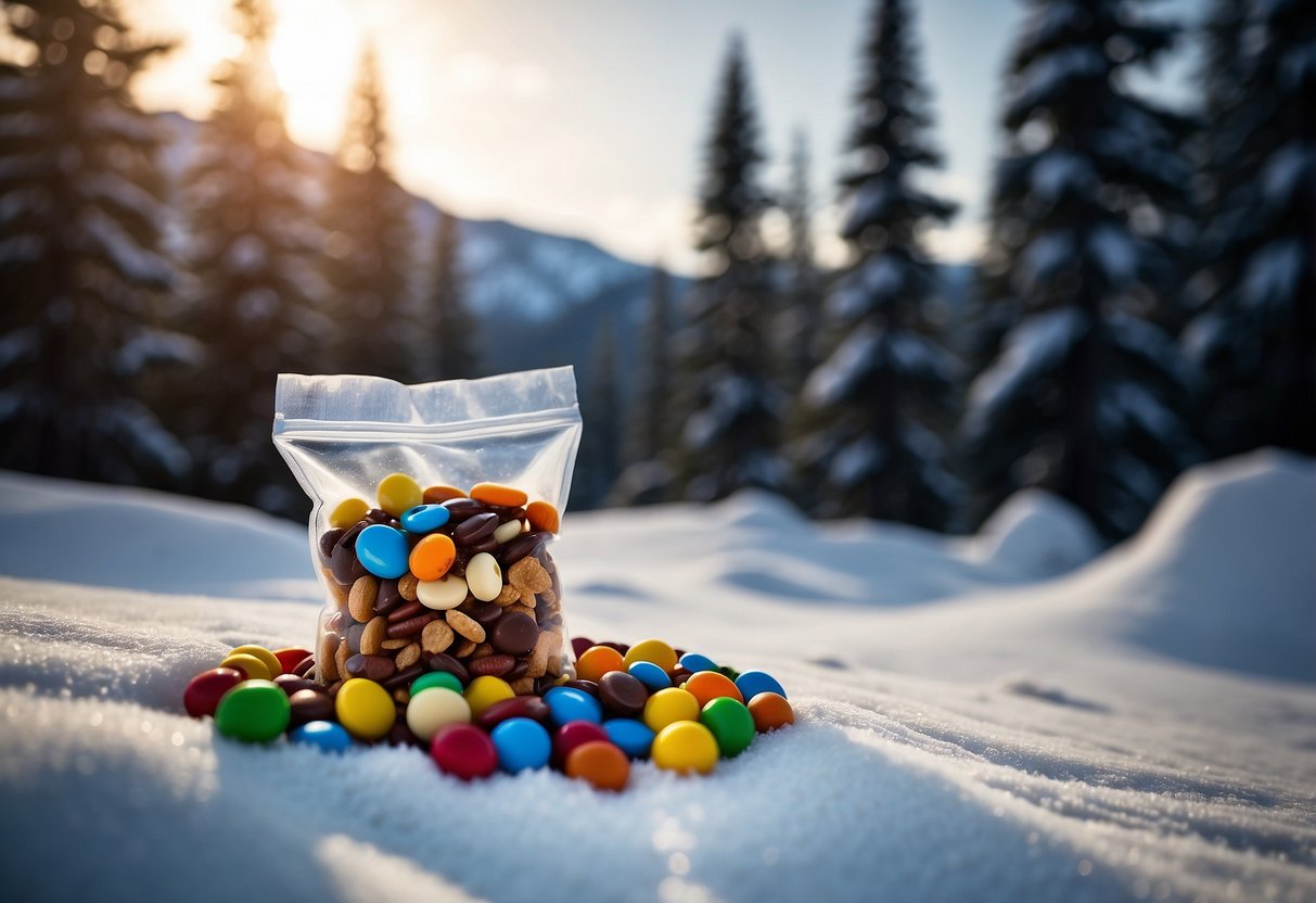 A bag of trail mix with M&Ms spills out onto a snowy backdrop, surrounded by pine trees and mountains in the distance