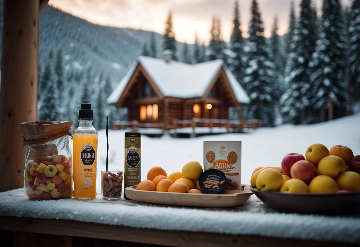 A snowy landscape with a cozy cabin in the background, surrounded by pine trees. A pair of cross country skis leaning against the cabin's wall, with a bag of Annie's Organic Bunny Fruit Snacks next to them