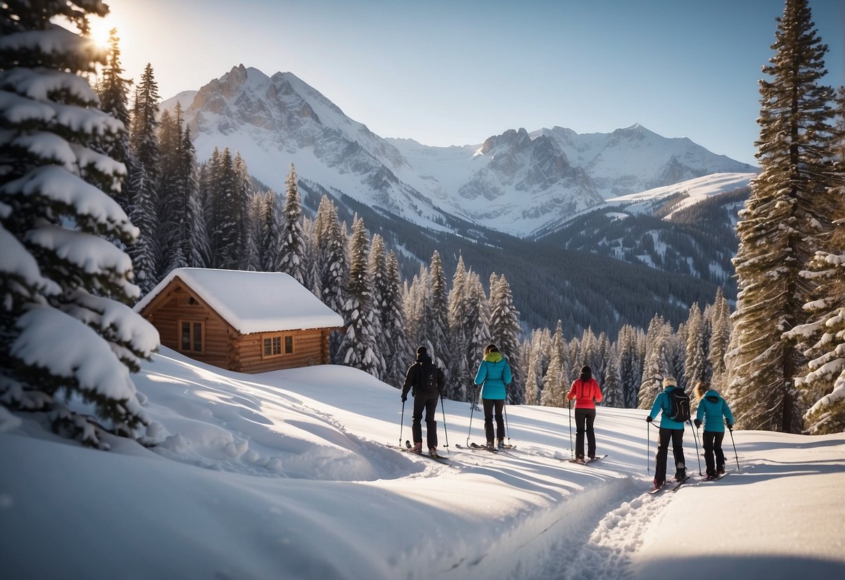 A snowy mountain landscape with a cozy cabin, a group of cross country skiers enjoying the Hippeas Organic Chickpea Puffs as they take a break from skiing