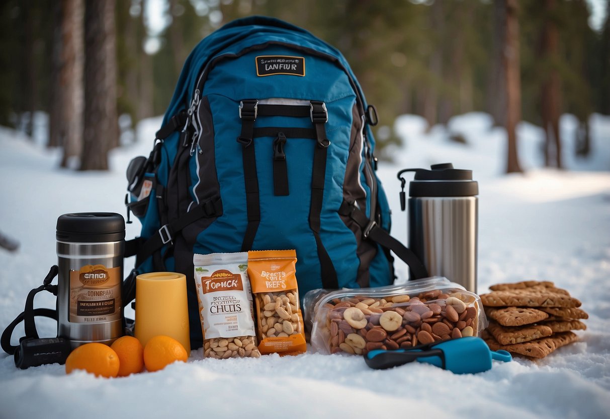 A backpack filled with granola bars, trail mix, and energy gels. A thermos of hot cocoa and a small cooler with cheese, crackers, and fruit. Skis and poles leaning against a snowy trail sign