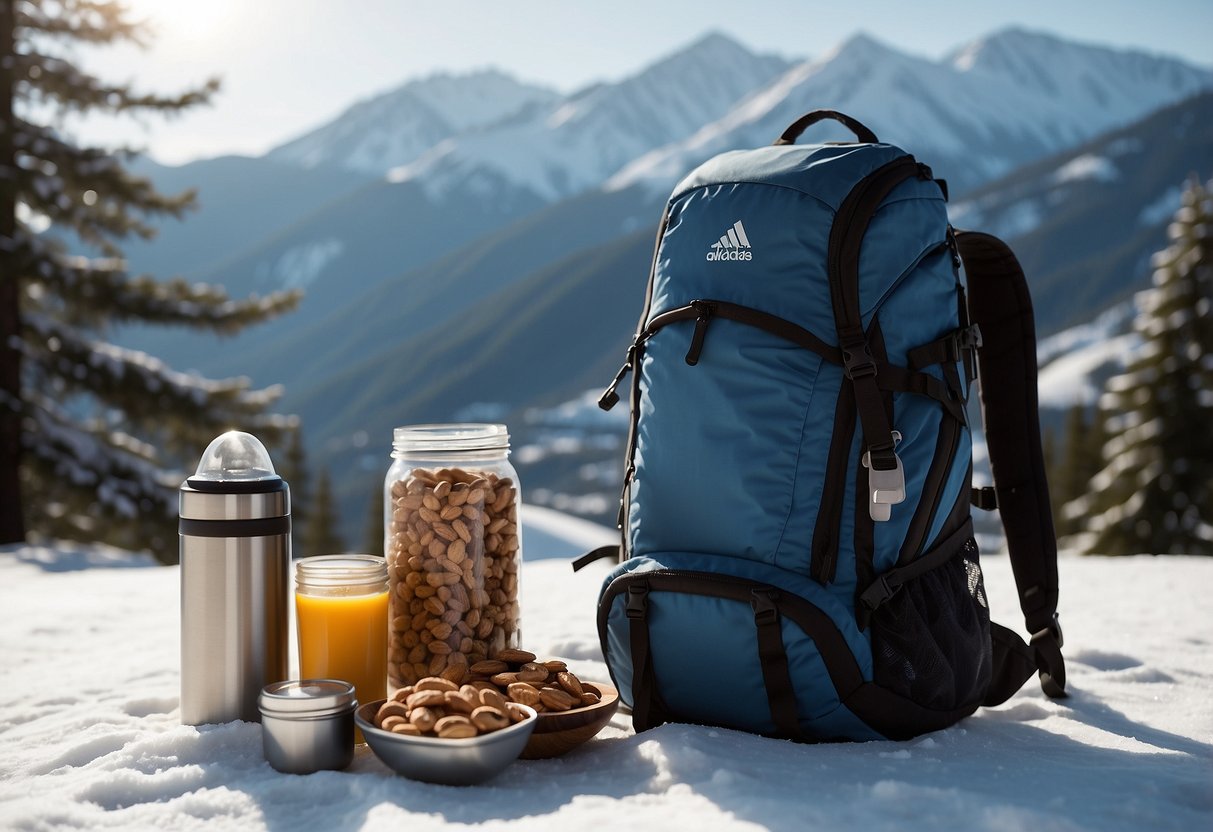 A backpack with compartments holds various snacks: nuts, granola bars, dried fruit, and energy gels. A thermos keeps hot chocolate warm. Snow-covered trees and mountains in the background