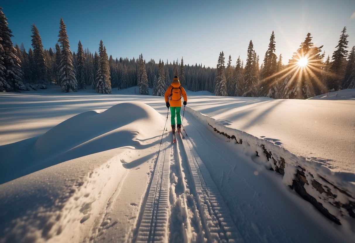 A lone skier glides through a snowy forest, following a trail marked with caution signs. The sun sets in the distance as the skier adheres to safety tips