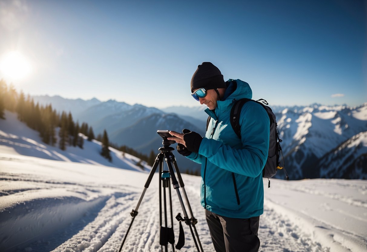 A skier checks the weather on a smartphone while preparing for a solo cross-country ski trip. Safety tips are displayed nearby