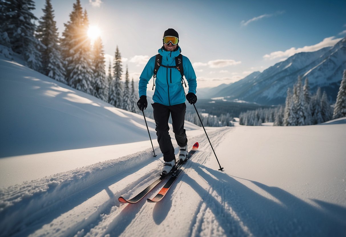 A lone skier glides through a pristine winter landscape, equipped with high-quality gear and following safety tips for solo cross-country skiing