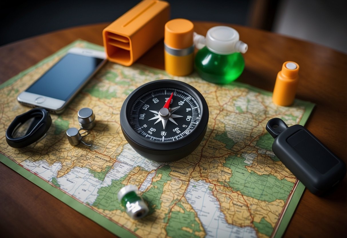 A map with highlighted route, compass, emergency whistle, first aid kit, water bottle, and cell phone displayed on a table