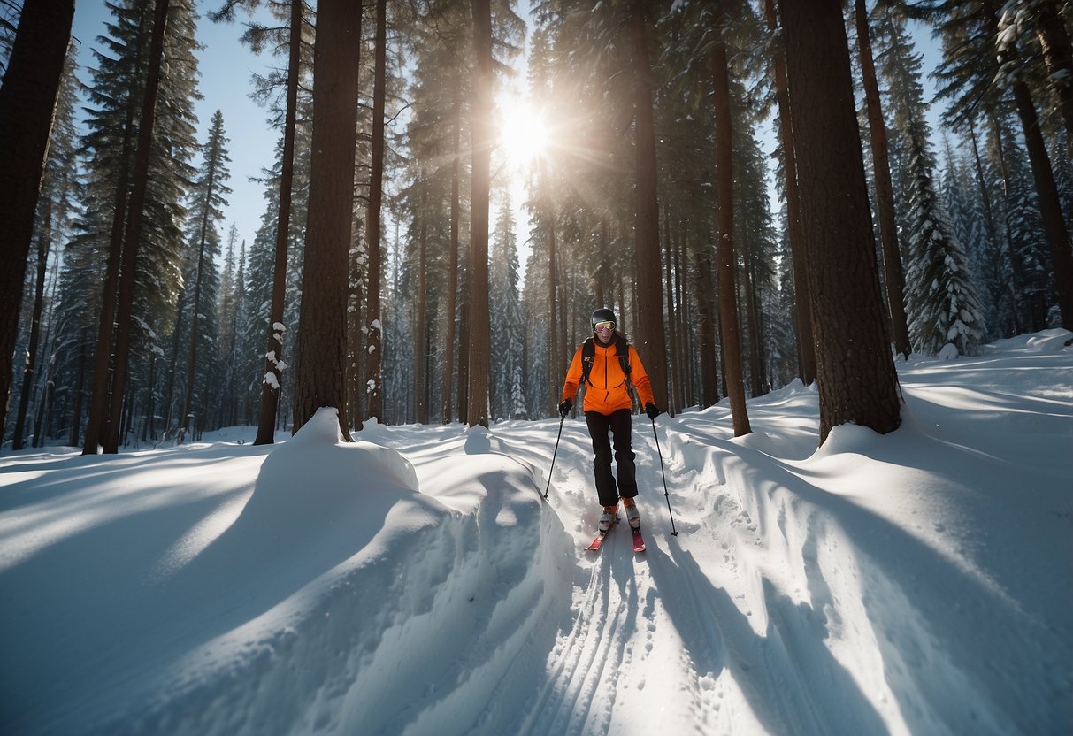 A skier glides through a snowy forest, equipped with a water bottle and following safety tips. The sun shines through the trees, casting long shadows on the pristine white snow