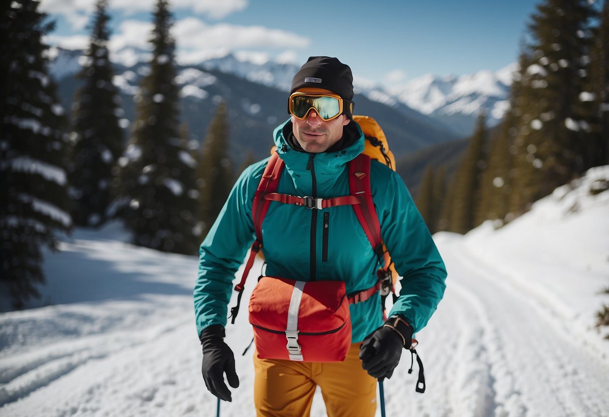 A skier carries a first aid kit while skiing solo in the snowy wilderness. The kit is strapped to their backpack, ready for any emergency