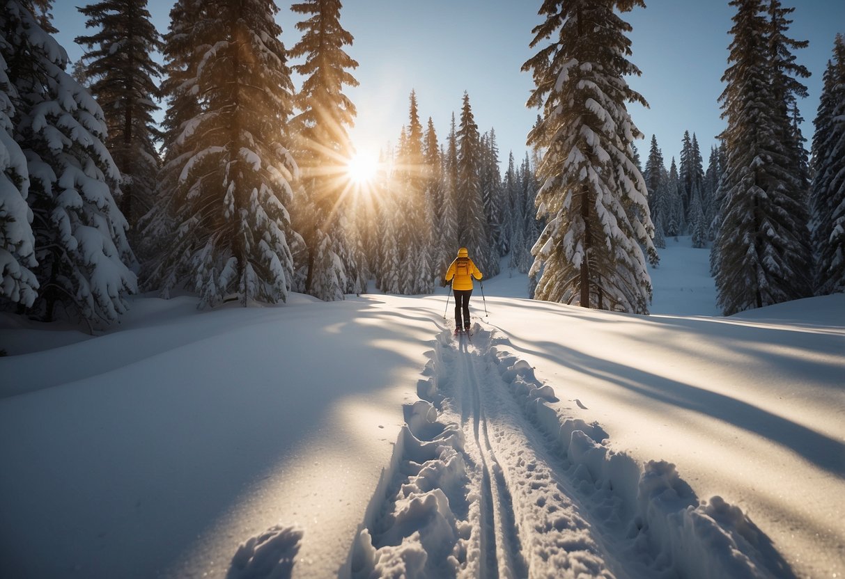 A lone skier navigates a snowy trail, surrounded by towering trees and a serene winter landscape. The sun casts a warm glow over the pristine snow, creating a peaceful and tranquil atmosphere