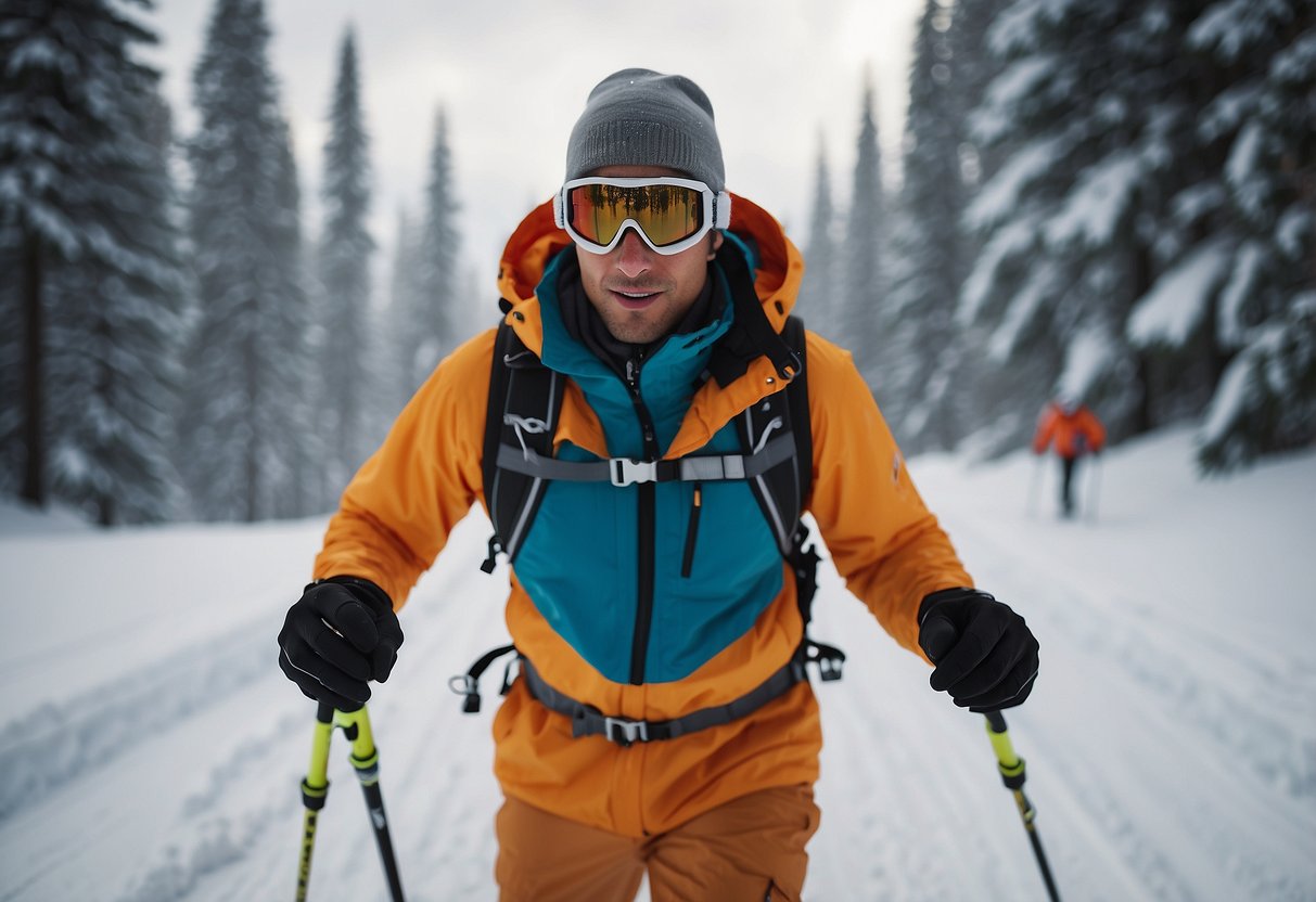 A skier uses a GPS device to navigate through snowy terrain, following safety tips for solo cross country skiing