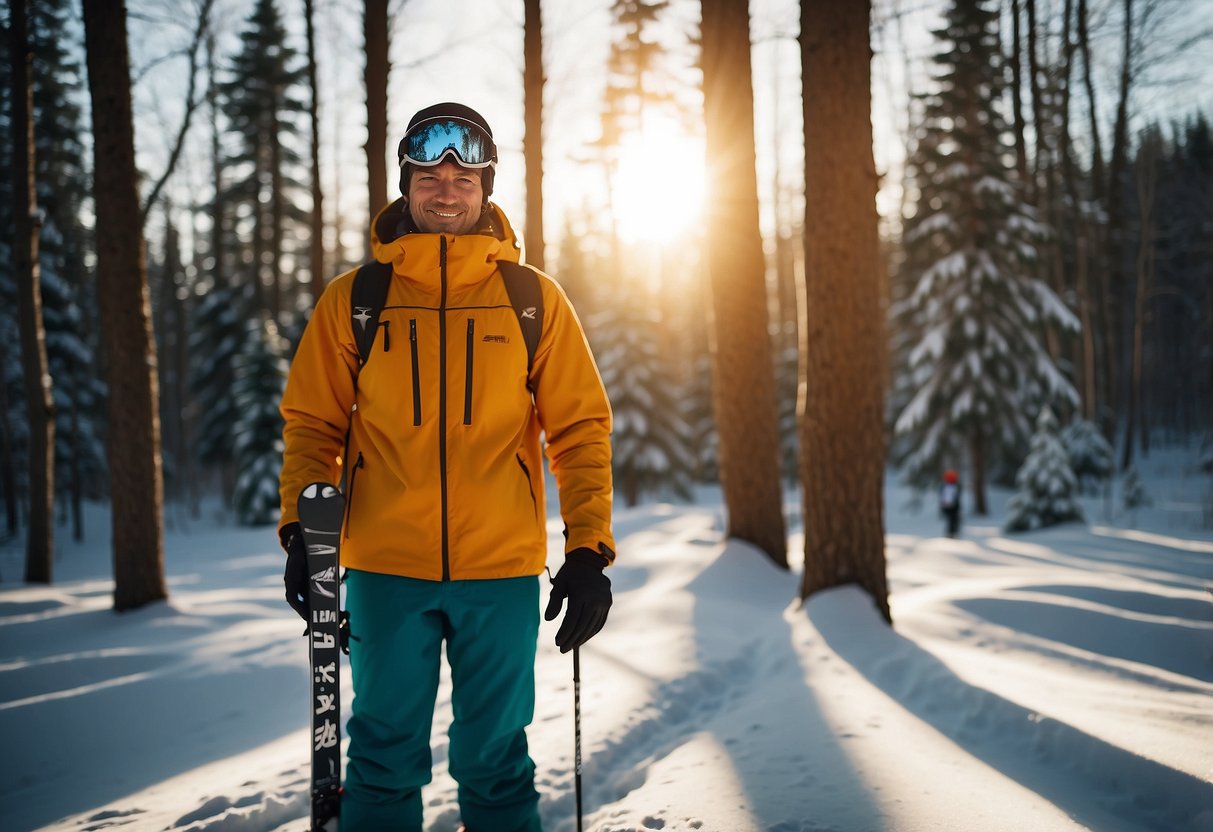 A skier stands in a snowy forest, wearing multiple layers of clothing. The sun is setting, casting a warm glow on the trees