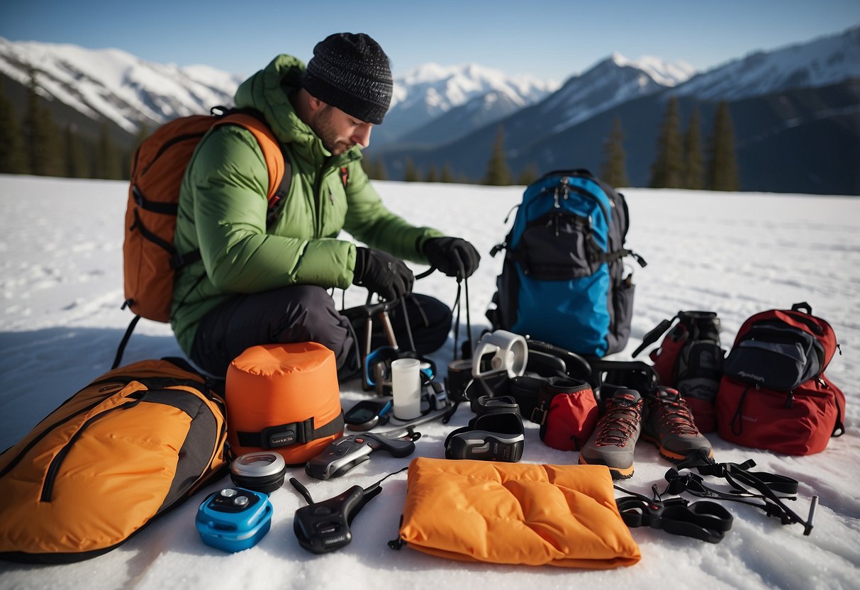 A solo cross-country skier prepares gear, including boots, skis, poles, and a backpack. Safety items like a map, compass, first aid kit, and emergency whistle are visible