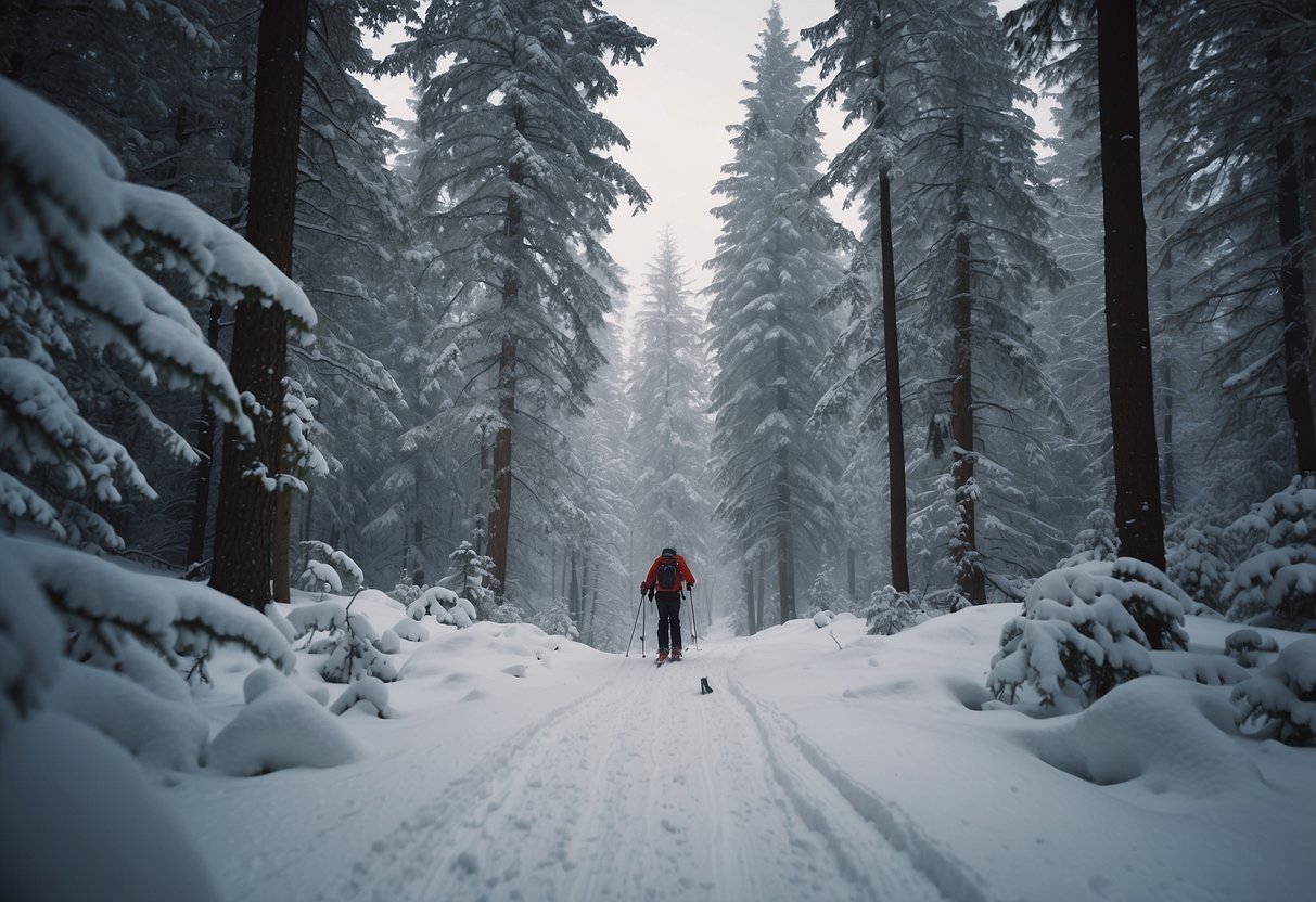 A lone skier navigates through a snowy forest, equipped with safety gear and following weather warnings. Snow-covered trees and a clear trail indicate a serene winter landscape