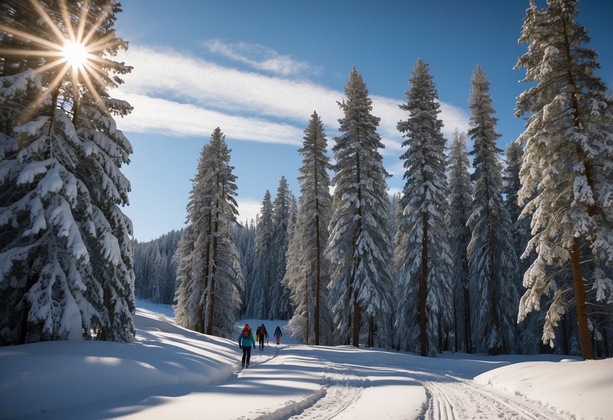 A serene snowy landscape with a clear blue sky, surrounded by tall pine trees. A group of cross country skiers gliding effortlessly over the pristine white snow, leaving behind only their tracks