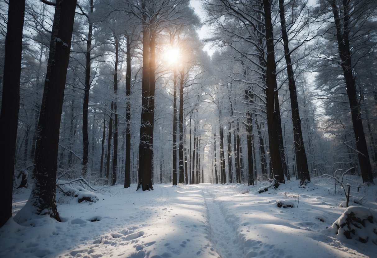 A snowy forest with marked trails winding through the trees, with minimal human impact on the landscape