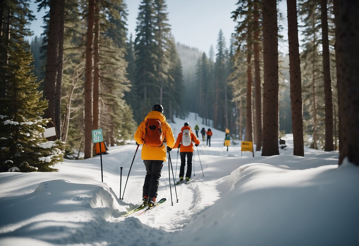 A serene forest landscape with skiers gliding through pristine snow, surrounded by signs promoting local conservation efforts