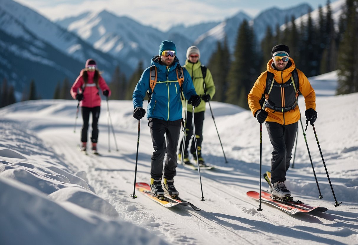 Skiers carpooling or using public transport to reach a snowy mountain trail for cross-country skiing