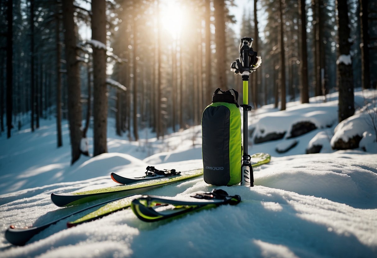 A snowy forest landscape with skis, poles, and eco-friendly gear laid out. Solar panels and reusable water bottles are visible