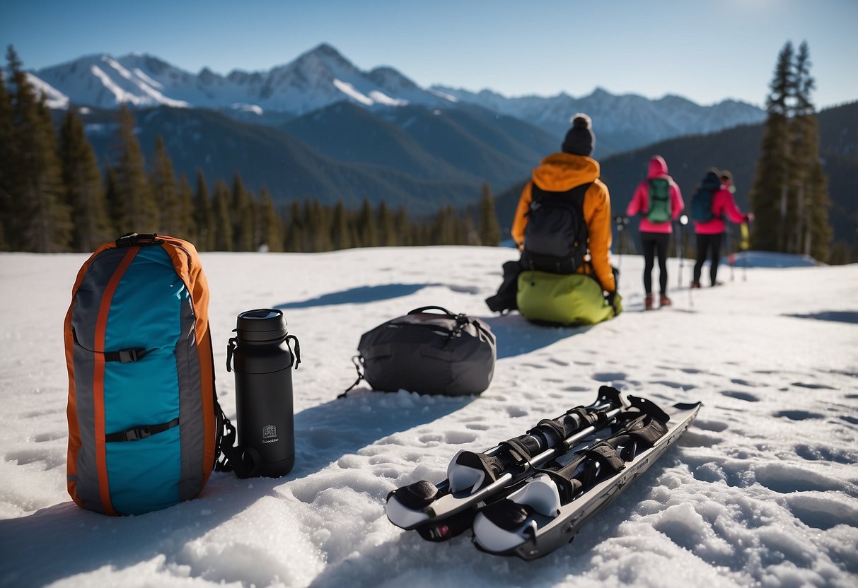 A snowy mountain landscape with skiers using eco-friendly gear, reusable water bottles, and carpooling to the trailhead. Solar panels power the nearby lodge