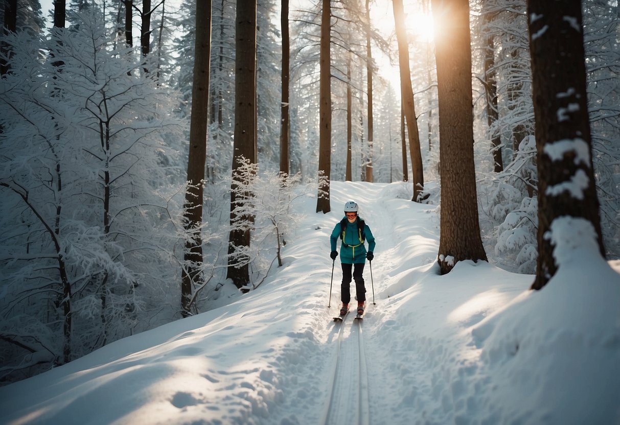 A serene forest trail with gentle slopes and snow-covered trees. A beginner skier glides effortlessly through the peaceful landscape