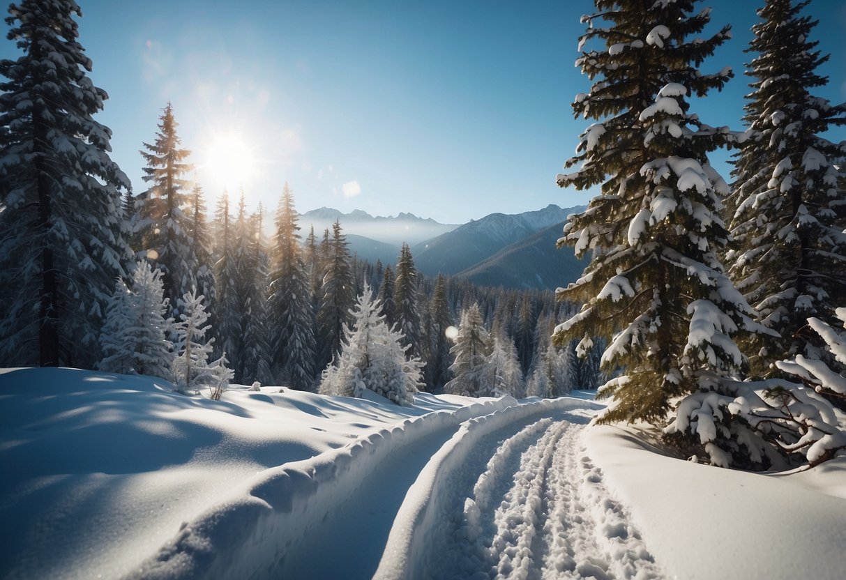 Snow-covered trails wind through a serene forest, with distant mountains and a clear blue sky in the background