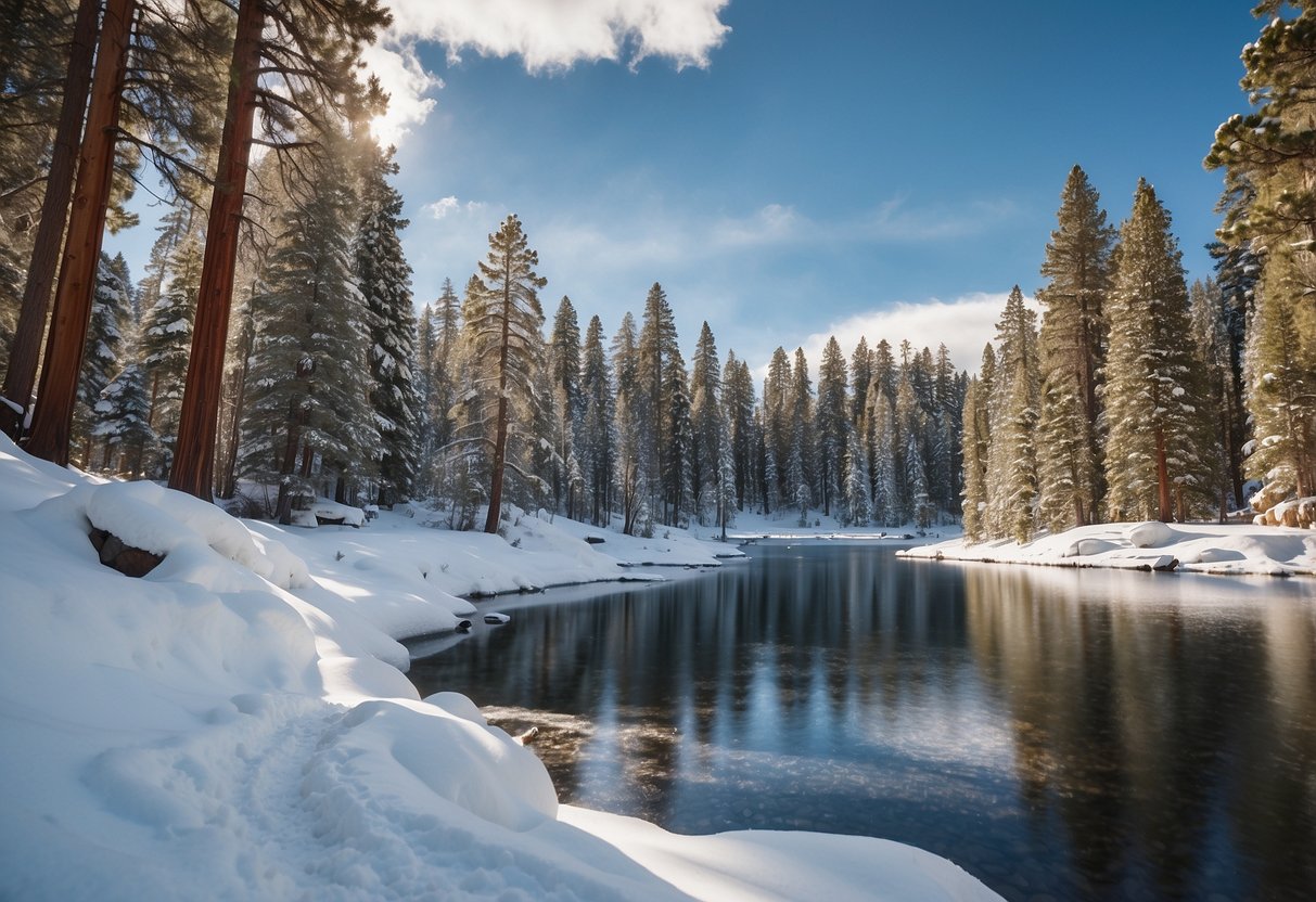 Snow-covered trees line the peaceful, frozen lake. A gentle slope leads to a beginner-friendly cross-country skiing trail in Lake Tahoe, California